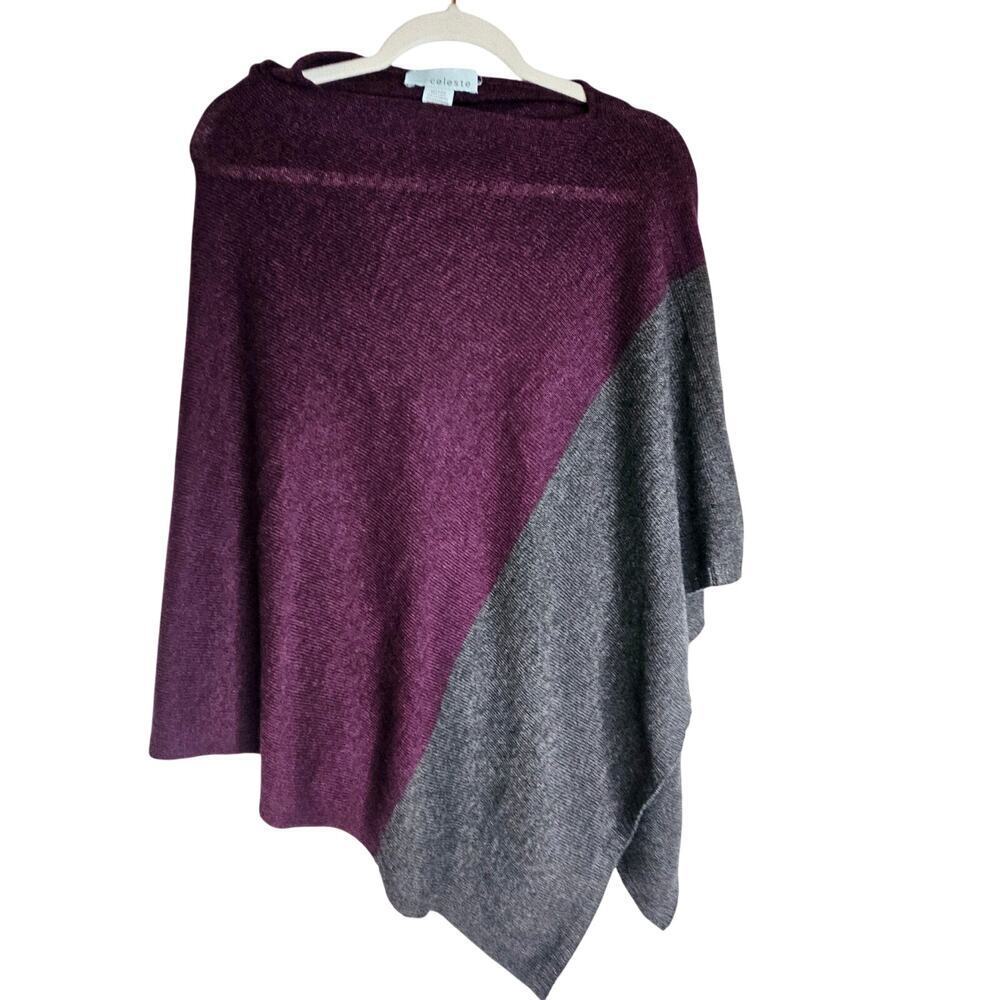 CELESTE Cashmere/Wool blend‎ Burgundy n Gray Poncho. One size. Lightweight. Warm